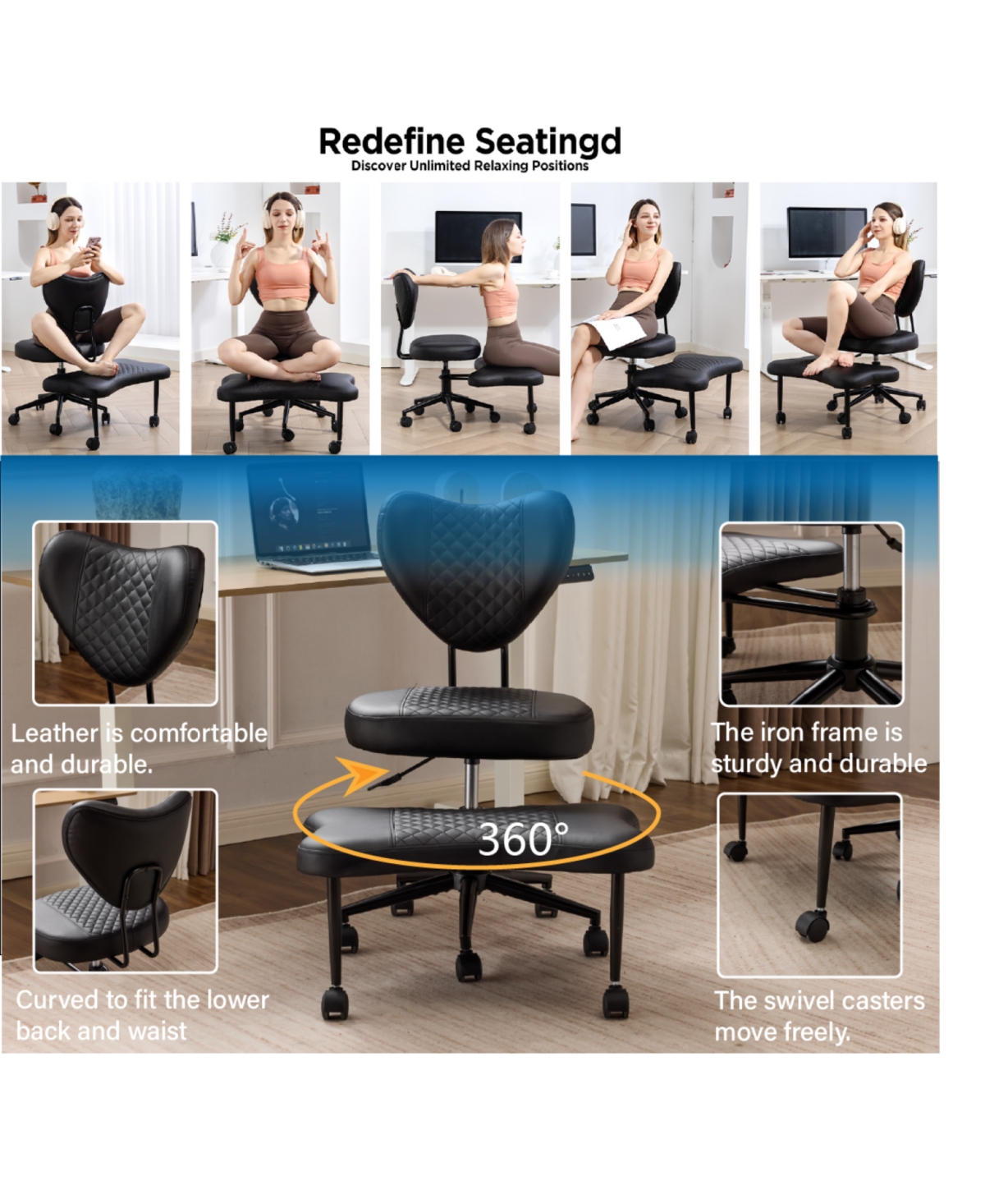 Rainsken Meditation chair, Pu Leather fabric, with lumbar support and a height, Heart-Shaped Backrest, Adjustable Height, for Office, Study