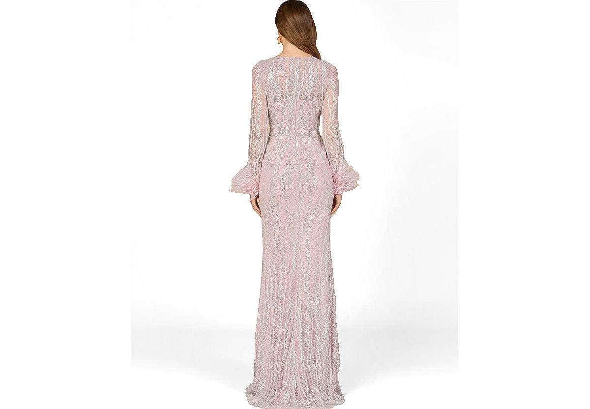 Lara Women's Long Sleeve Sheath Gown with Feathers view 2 — MAYCSS fashion products