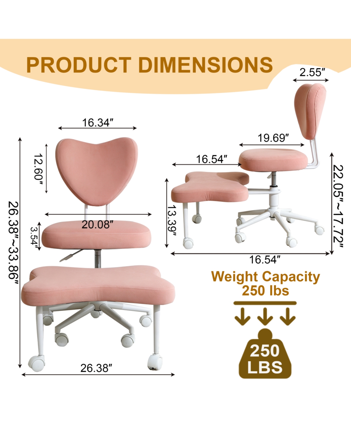 Rainsken Meditation chair, Velvet fabric, with lumbar support and a height, Heart-Shaped Backrest, Adjustable Height, for Office, Study
