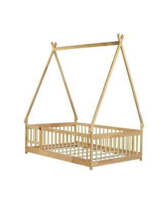 Full Size Rubber Wood Tent-shaped Floor Bed,with Guardrails,Slats and Door