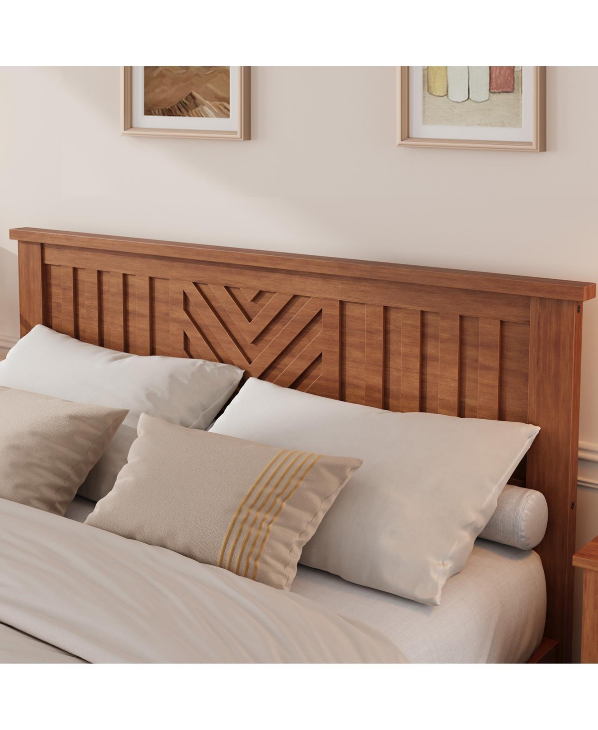 gaomon Queen Light Wooden Platform Bed Frame with V-Pattern Headboard and Under-Bed Storage