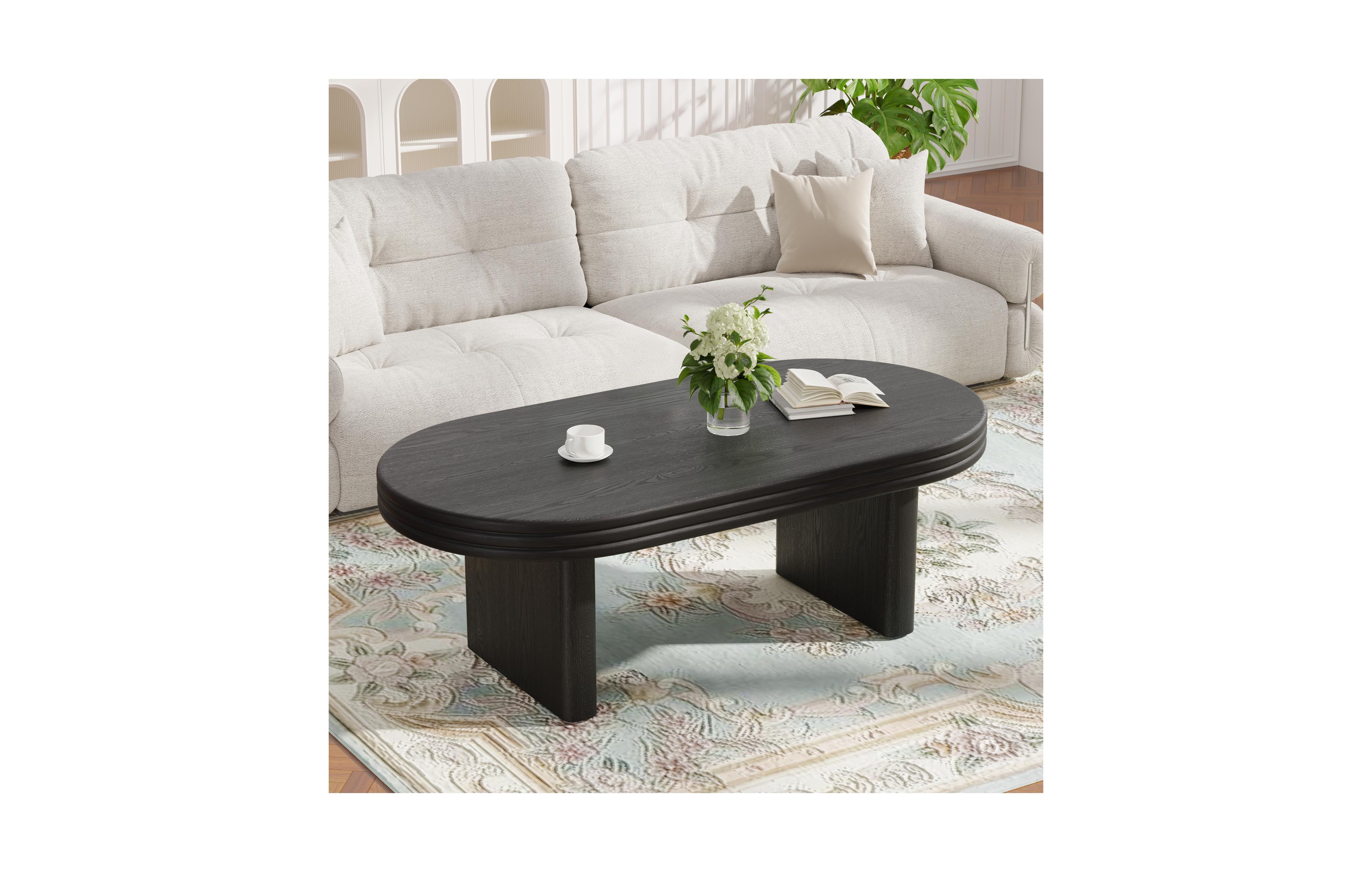 Rainsken Farmhouse Coffee Table, 47" Wooden Oval Accent Center Table with Thick Base, Modern Low Tea Table for Living Room, Apartments
