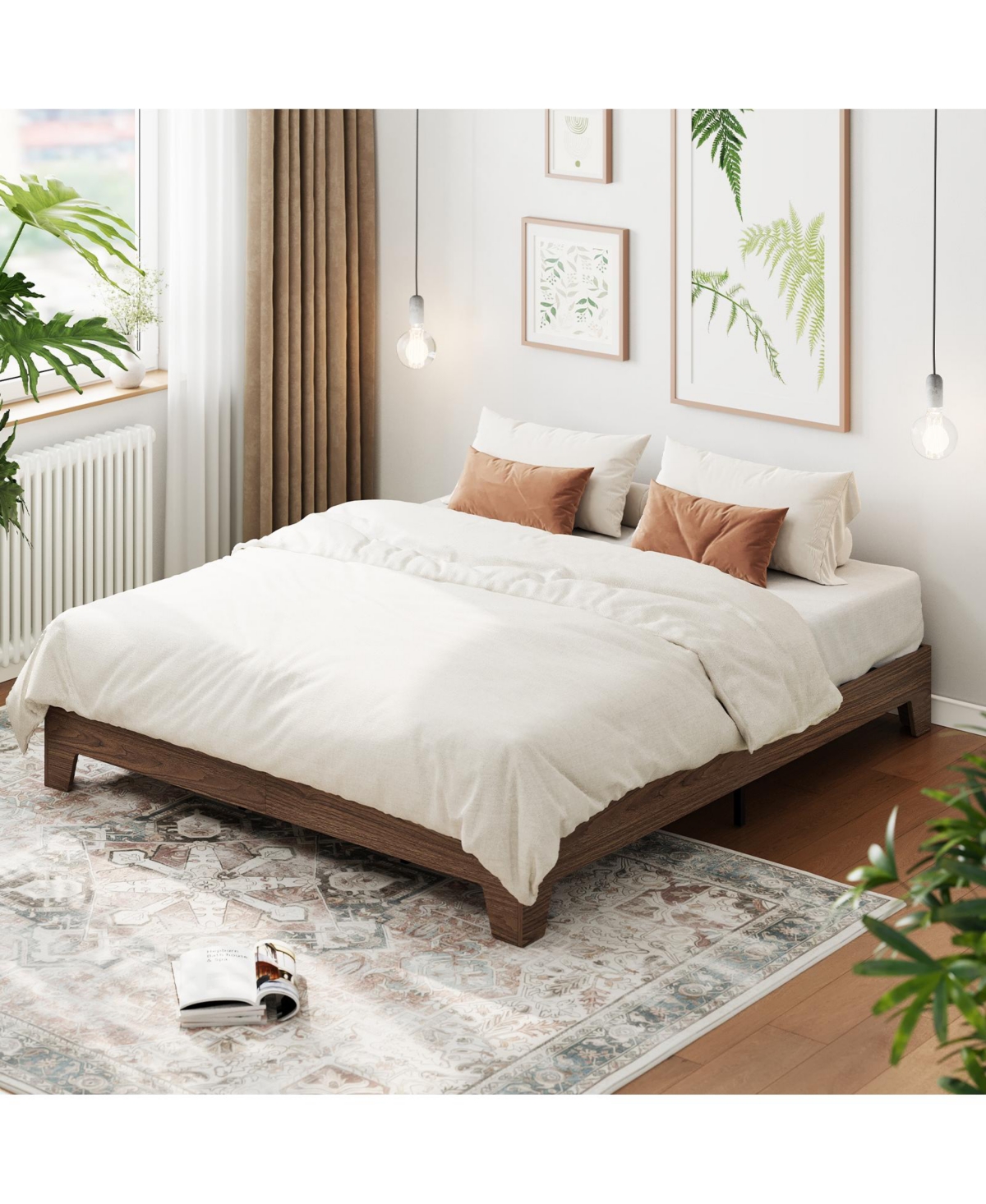 homfan Platform Bed Frame with Wood-Grain Finish, Wooden Slat Support, Low Profile Design