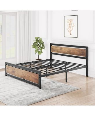 Industrial Platform Bed Frame with Wooden Headboard and Footboard, 13.8 Inch Underbed Space, No Box Spring Needed
