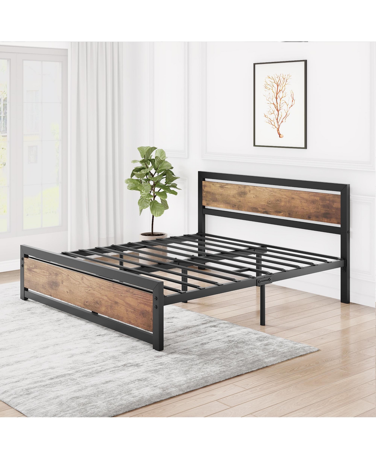 homfan Industrial Platform Bed Frame with Wooden Headboard and Footboard, 13.8 Inch Underbed Space