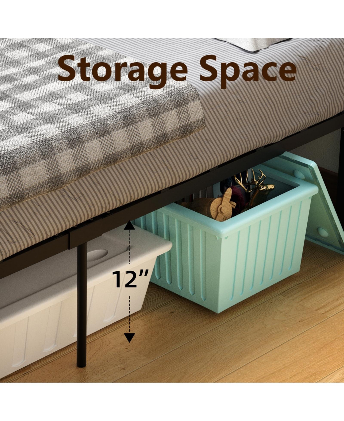 homfan Platform Bed Frame with Wooden Headboard and Footboard, Metal Slat Support, Underbed Storage, Quiet Design, No Box Spring Needed