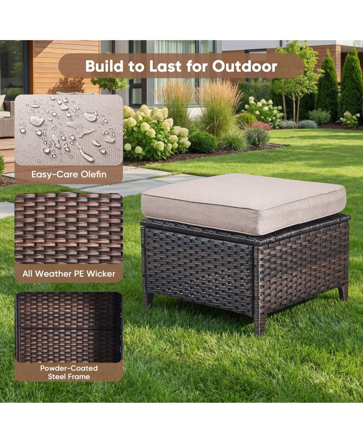 Pocassy 2 Pieces Outdoor Patio Ottoman, All Weather Rattan Wicker Ottoman Seat, Furniture, Footstool Footrest Seat with Cushions