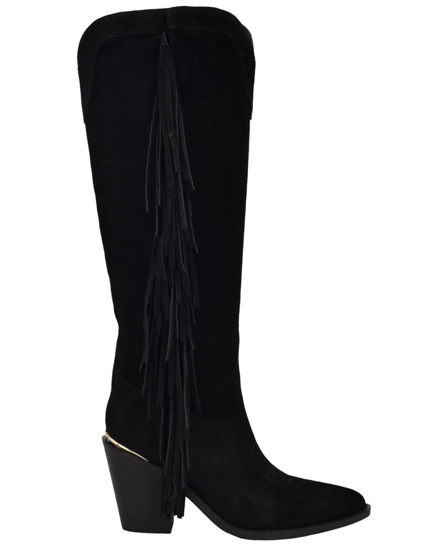 Женские ботинки GUESS Sashle Western Fringe Knee High Heeled Boot, цвет: Чёрный замшевый — фото 2