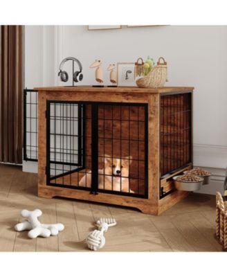Heavy Duty Wooden Dog Crate Furniture - Indoor Pet Kennel End Table with Double Doors, 2 Rotating Bowls, for Small and Medium Dogs