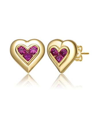 Dainty 14K Gold Plated Purple 3-CZ Cluster Heart Stud Earrings