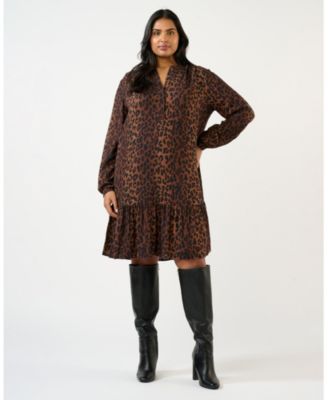 Women's Leona Leopard V-Neck Long Sleeve Shift Mini Dress