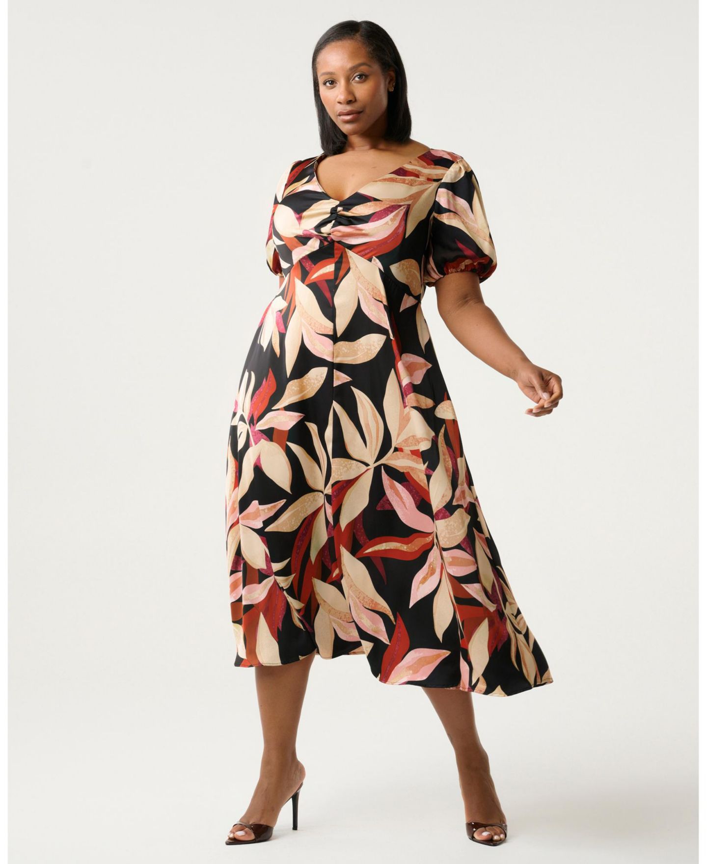 Женское платье ESTELLE Laura Print V-Neck Puff Sleeve Midi, цвет: Ягодный — фото 2
