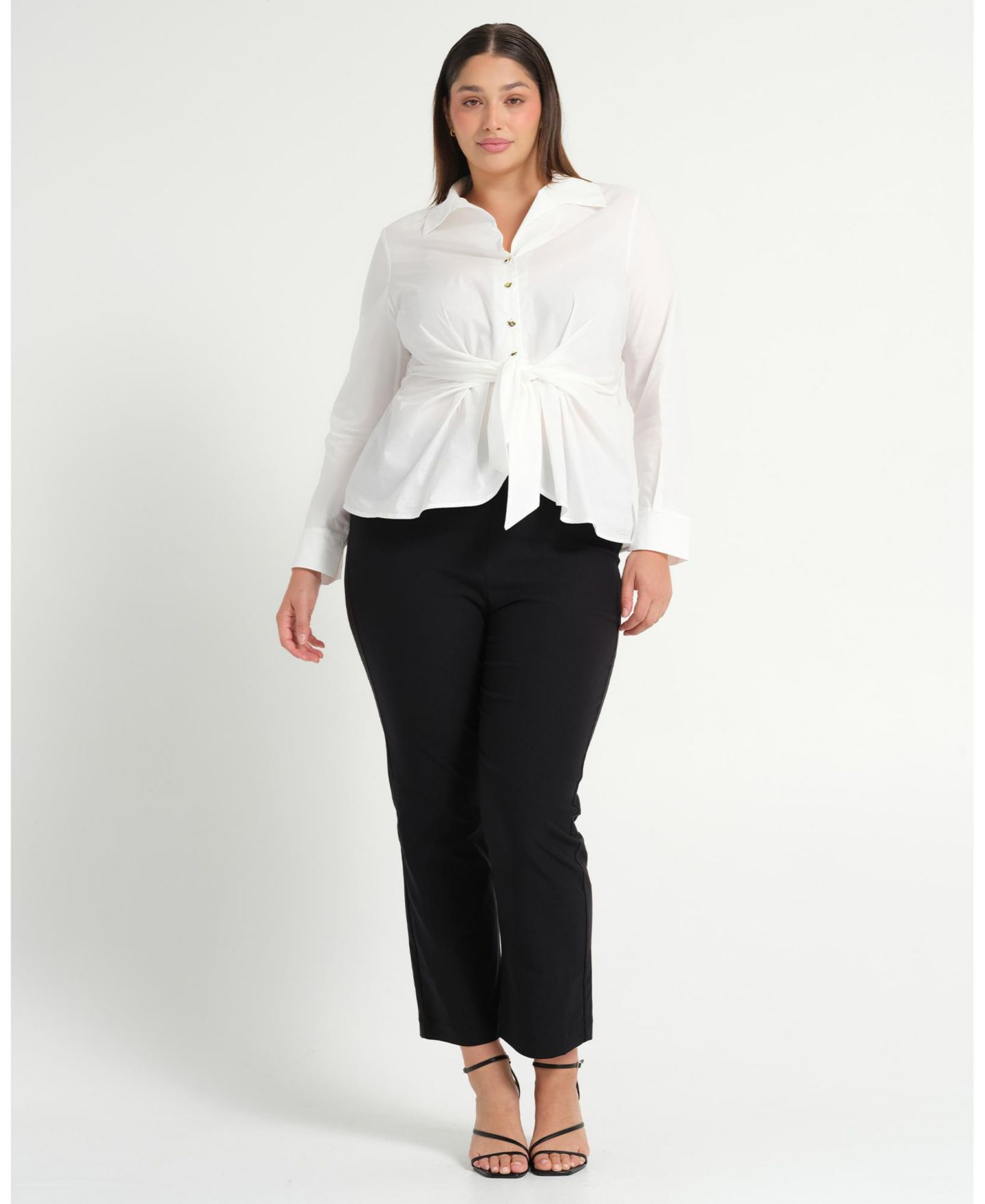 Женская рубашка ESTELLE Plus Size Leo Collared V-Neck Button Tie-Front, цвет: Молочный — фото 5