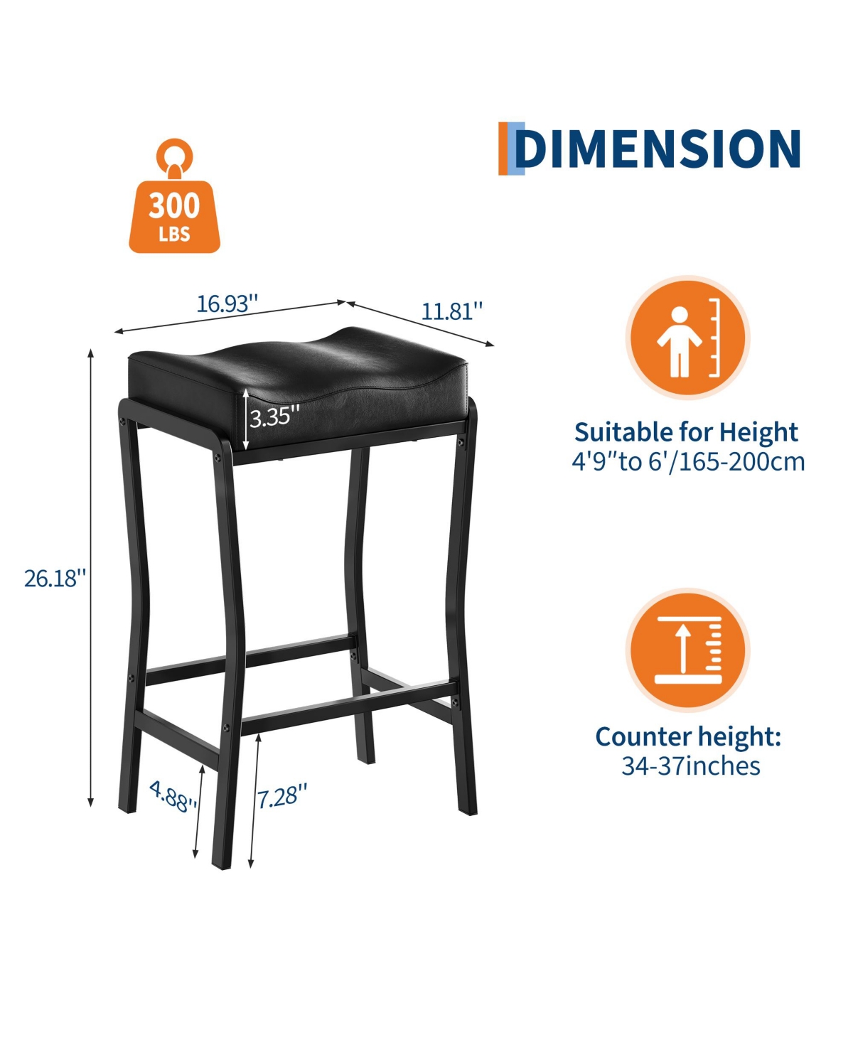 homfan Counter Height Barstool with Thick Faux Leather Seat, Metal Frame and Footrest - Modern Saddle Stool for Kitchen Island, Dining Room