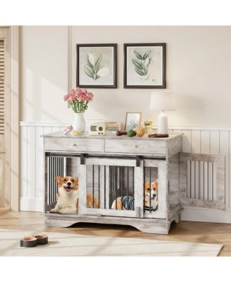 Dog Crate Furniture with 2 Drawers, Wooden End Table Indoor Dog House with Divider for Large Medium Small Dogs, Multi-Functional TV Stand