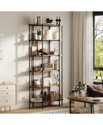 6 Tier Tall Bookshelf, Industrial Bookshelves Oval Vintage Bookshelf Metal Frame Unique Display Shelf Storage