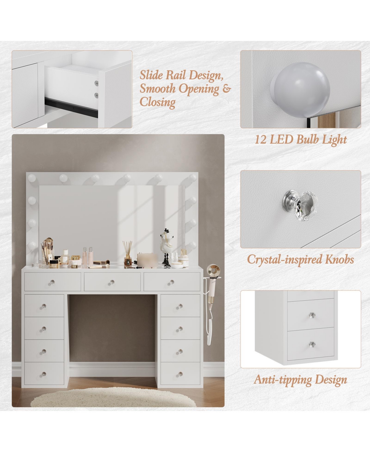 gaomon Makeup Vanity Desk with Mirror, 45"W Dressing Table with 11 Drawers and Glass Tabletop, Brightness Adjustable Makeup Vanity Table for Bedroom