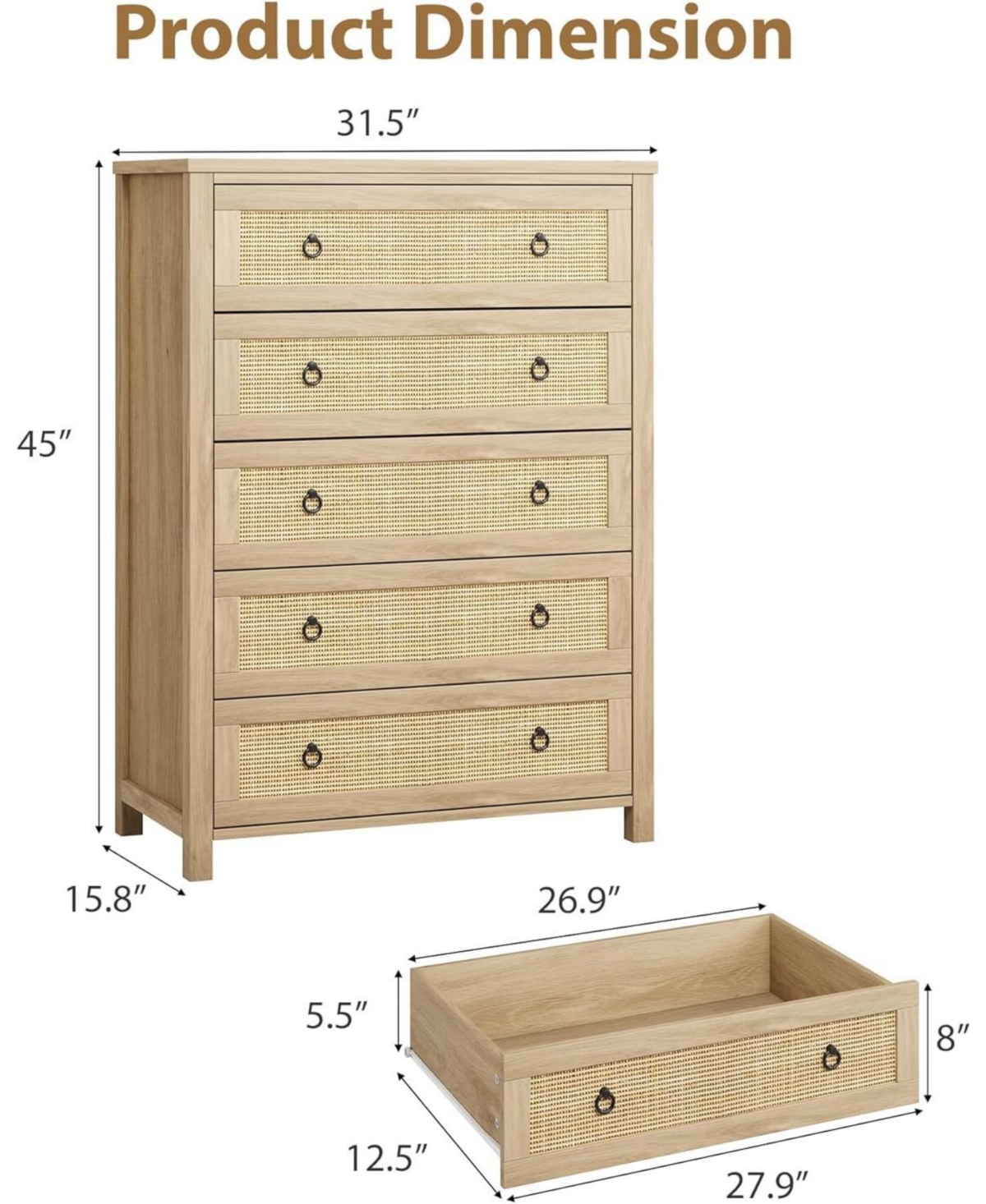 homfan 5 Drawer Tall Dresser, 45 in Rattan Dresser, Boho Chest of Drawers, Wooden Chest with Clothes Storage Cabinet