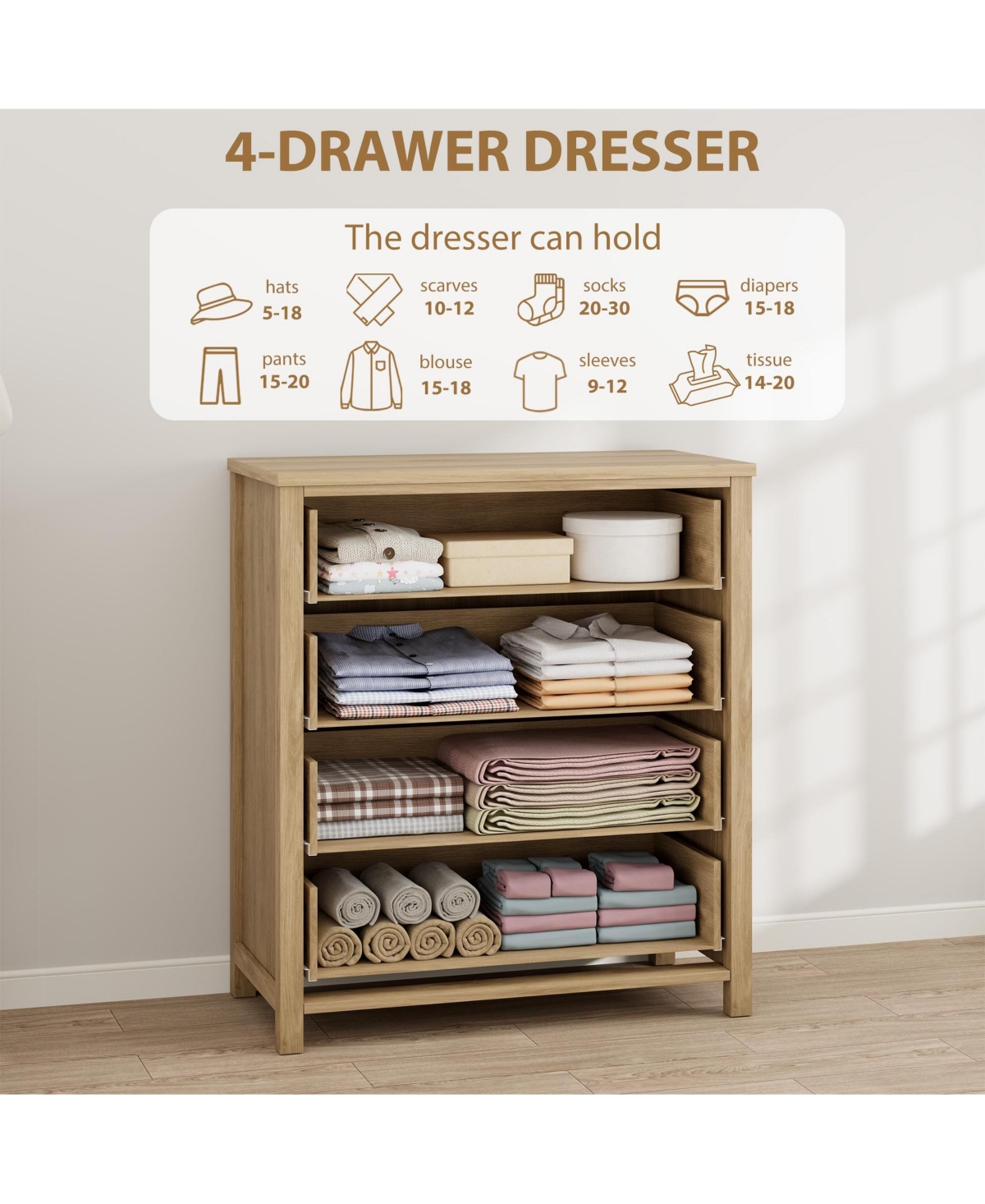 homfan 5 Drawer Tall Dresser, 45 in Rattan Dresser, Boho Chest of Drawers, Wooden Chest with Clothes Storage Cabinet