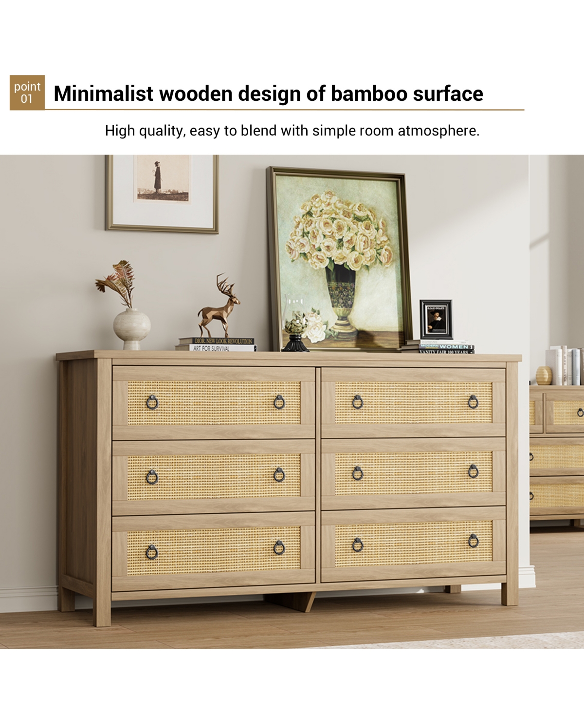 homfan 5 Drawer Tall Dresser, 45 in Rattan Dresser, Boho Chest of Drawers, Wooden Chest with Clothes Storage Cabinet