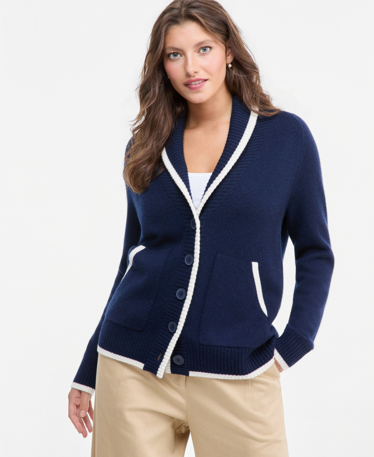 Charter Club Women's 100% Cashmere Tipped Shawl-Collar Boyfriend Cardigan, Macy's Exclusive