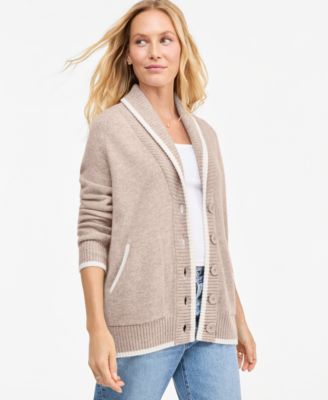 Women's 100% Cashmere Tipped Shawl-Collar Boyfriend Cardigan