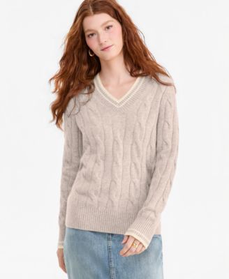 Women's 100% Cashmere Cable-Knit Tipped V-Neck Sweater