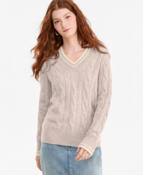 Женский свитер Charter Club 100% Cashmere Cable-Knit Tipped V-Neck, цвет: Жемчужный серо-коричневый меланжевый