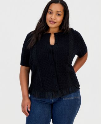 Trendy Plus Size Short-Sleeve Pointelle Lace-Hem Cardigan