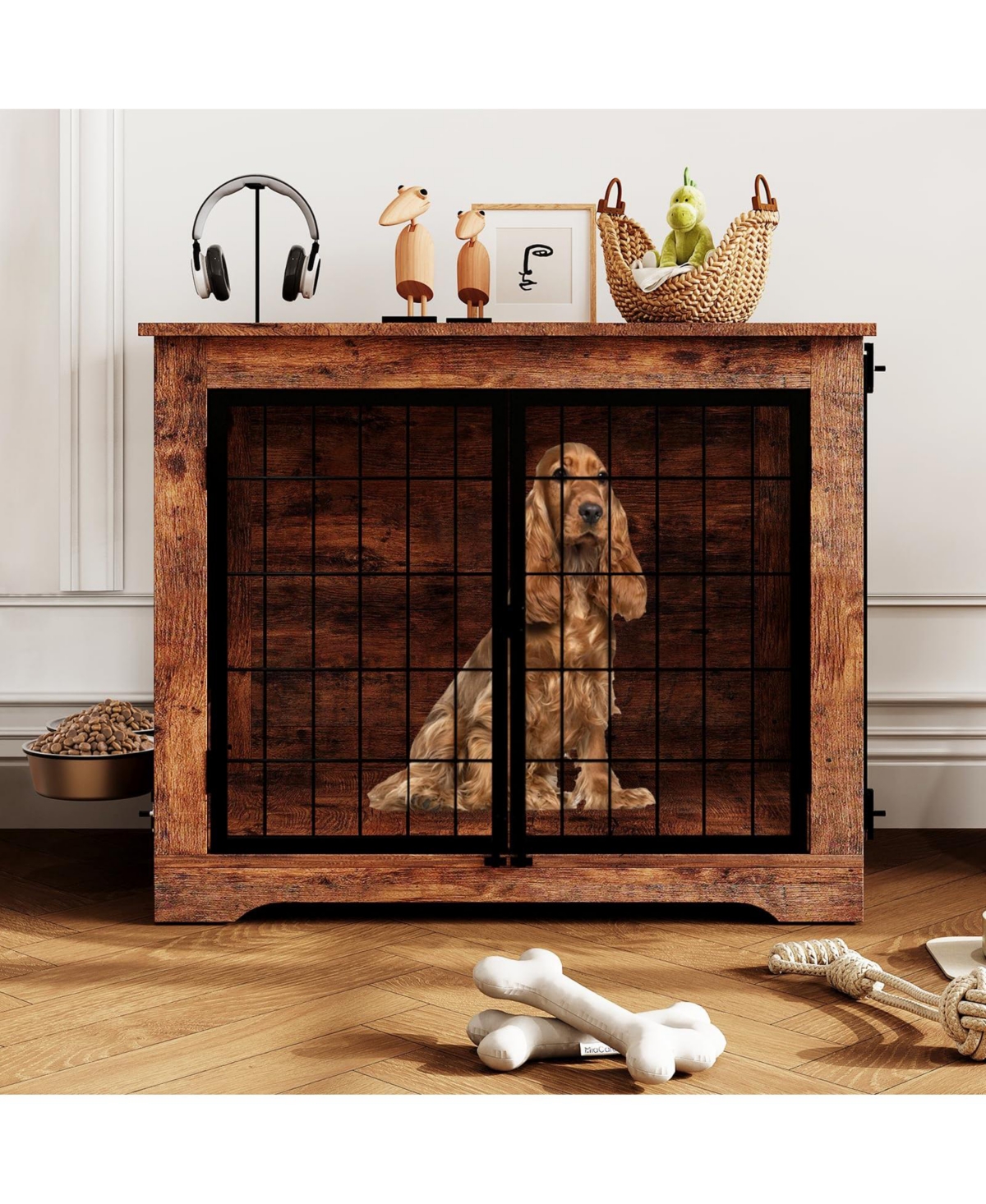gaomon Heavy Duty Wooden Dog Crate Furniture for Small and Medium Dogs, 38 Inch Indoor Kennel with 360degree(s) Rotating Feeder, Secure Locks