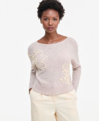Petite Bold Floral Embroidery Cashmere Sweater