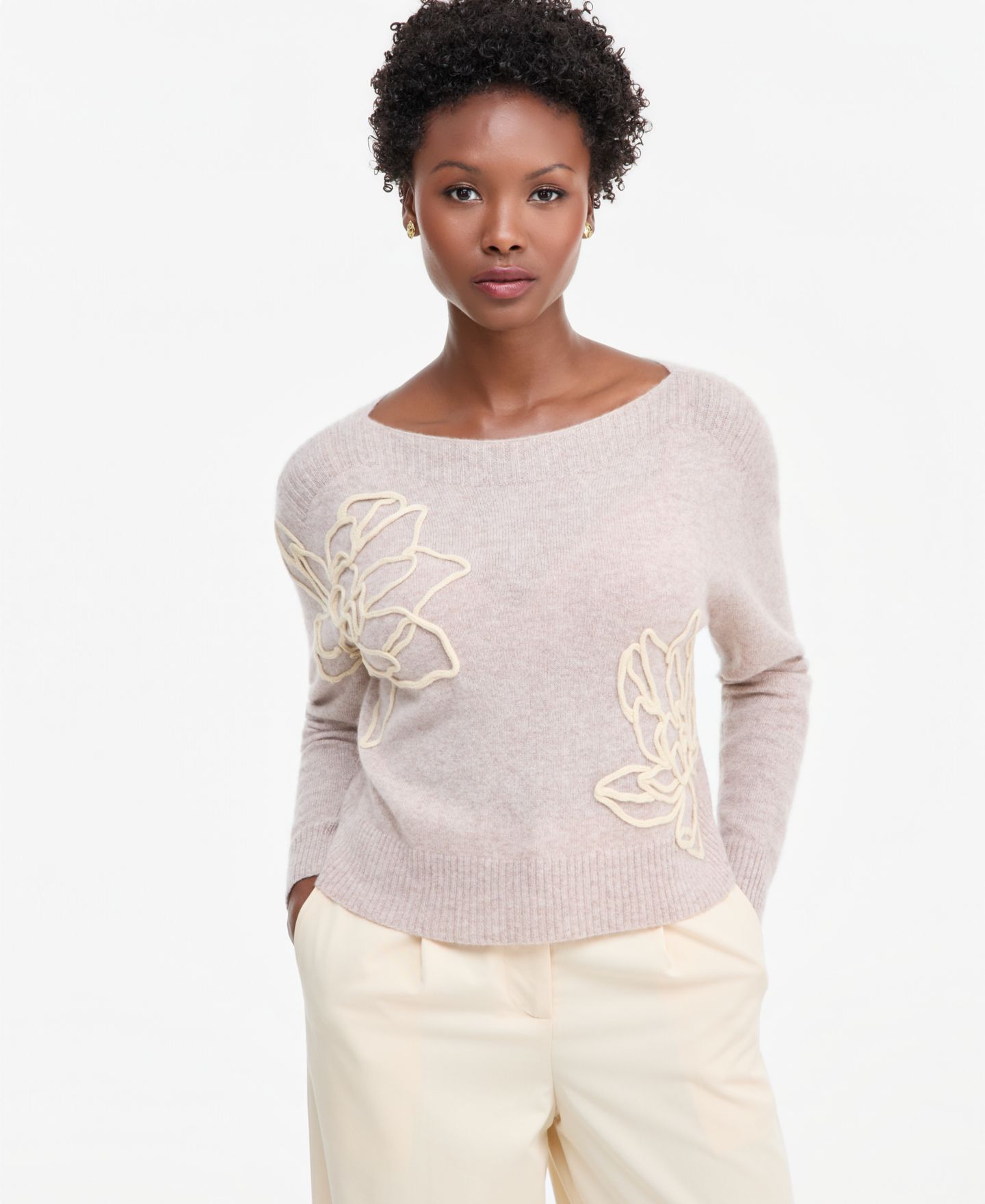 Женский свитер Charter Club Petite Bold Floral Embroidery Cashmere, цвет: Жемчужный серо-коричневый меланжевый — фото 1