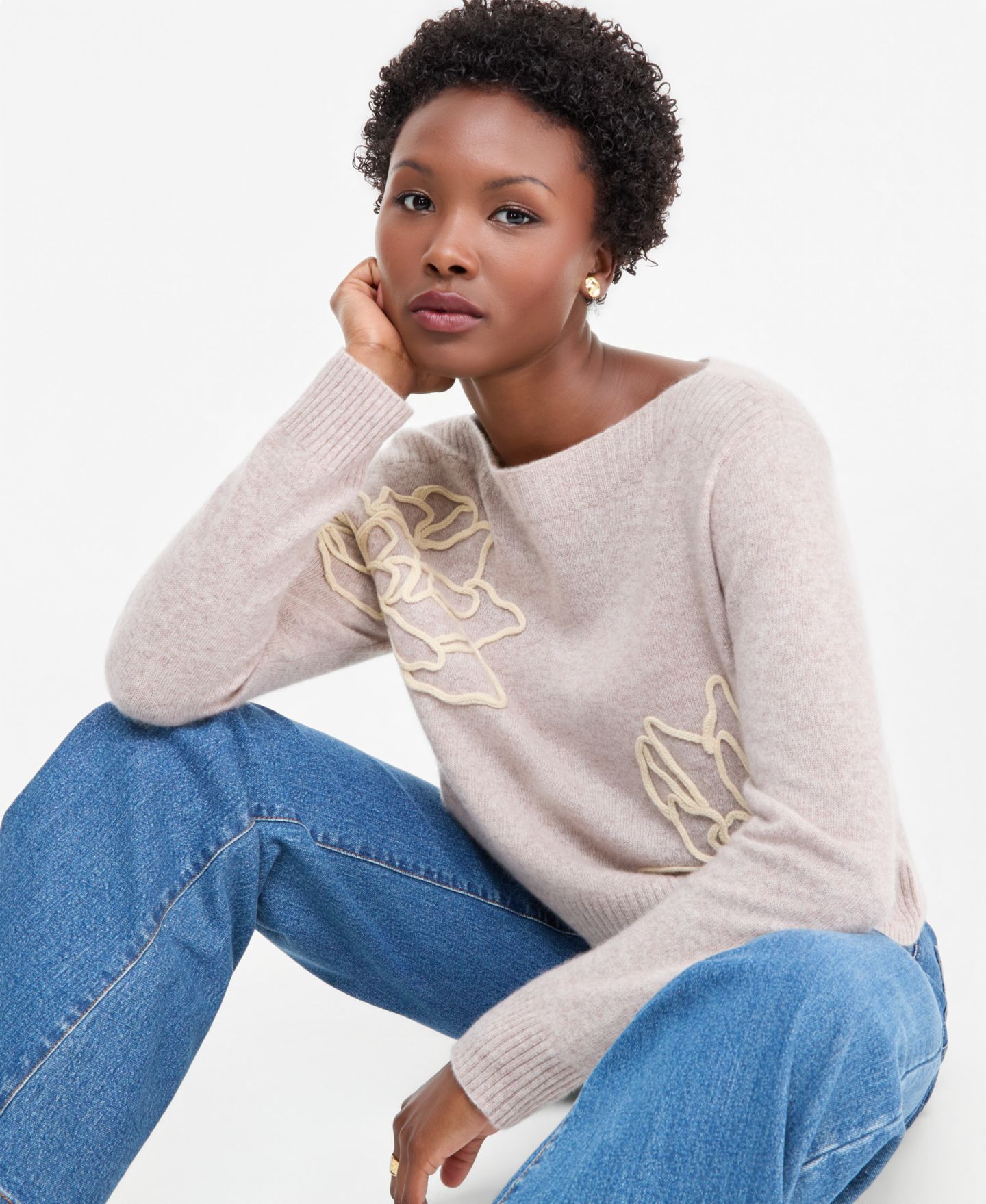 Женский свитер Charter Club Petite Bold Floral Embroidery Cashmere, цвет: Жемчужный серо-коричневый меланжевый — фото 3