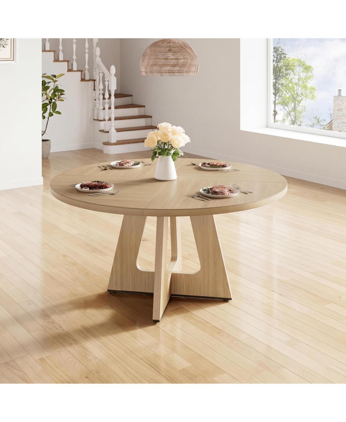 homfan 3-Piece Round Dining Table Set with 2 Chairs, 47.2" Space-Saving Kitchen Table for 4-6, Table and Beige Chairs