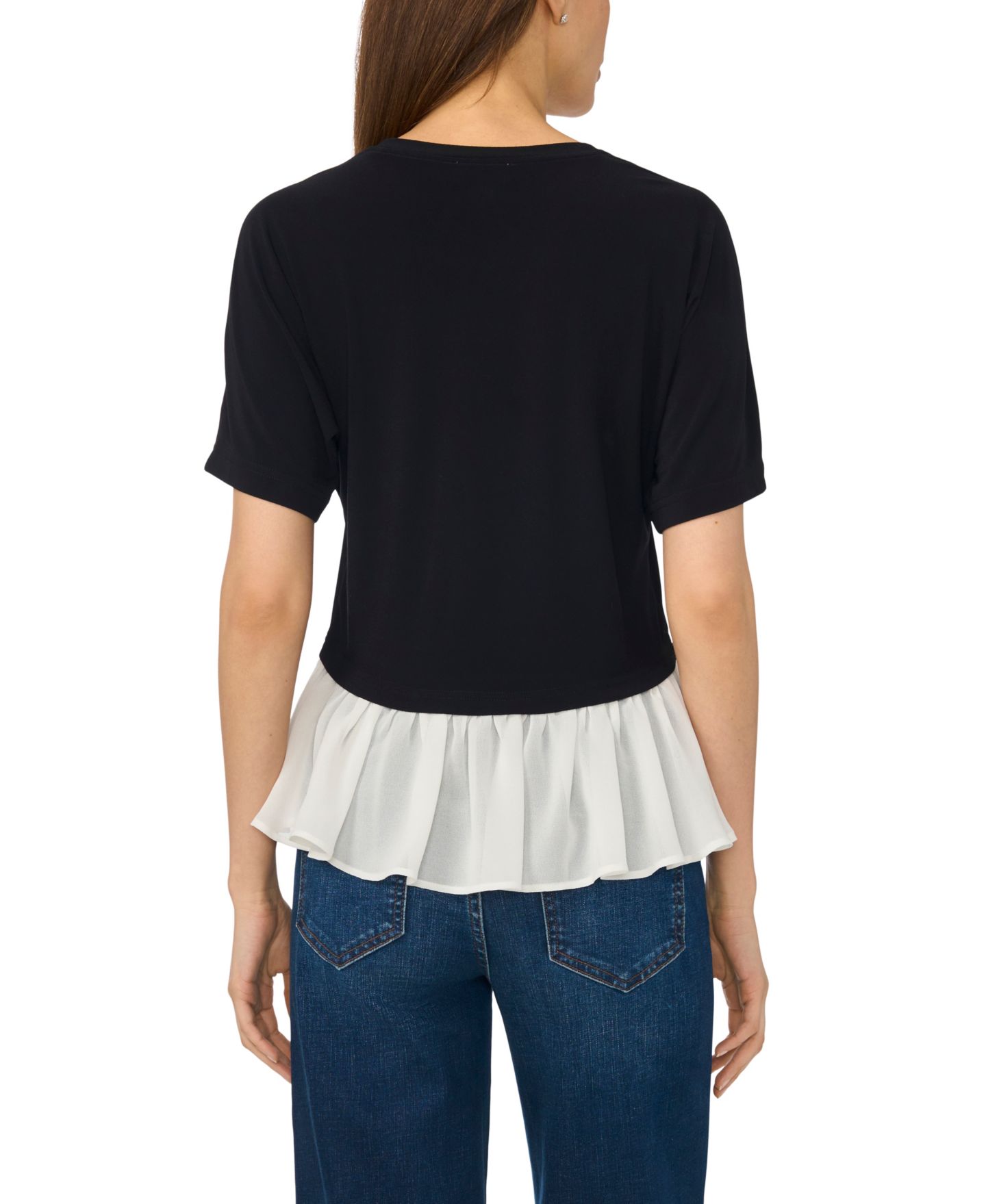 Женский топ CeCe Short-Sleeve Pleated Hem Top, цвет: Чёрный / Слоновая кость — фото 3