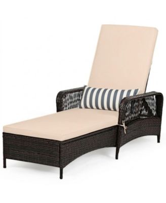 PE Wicker Chaise Lounge with 6-Gear Adjustable Backrest and Lumbar Pillow