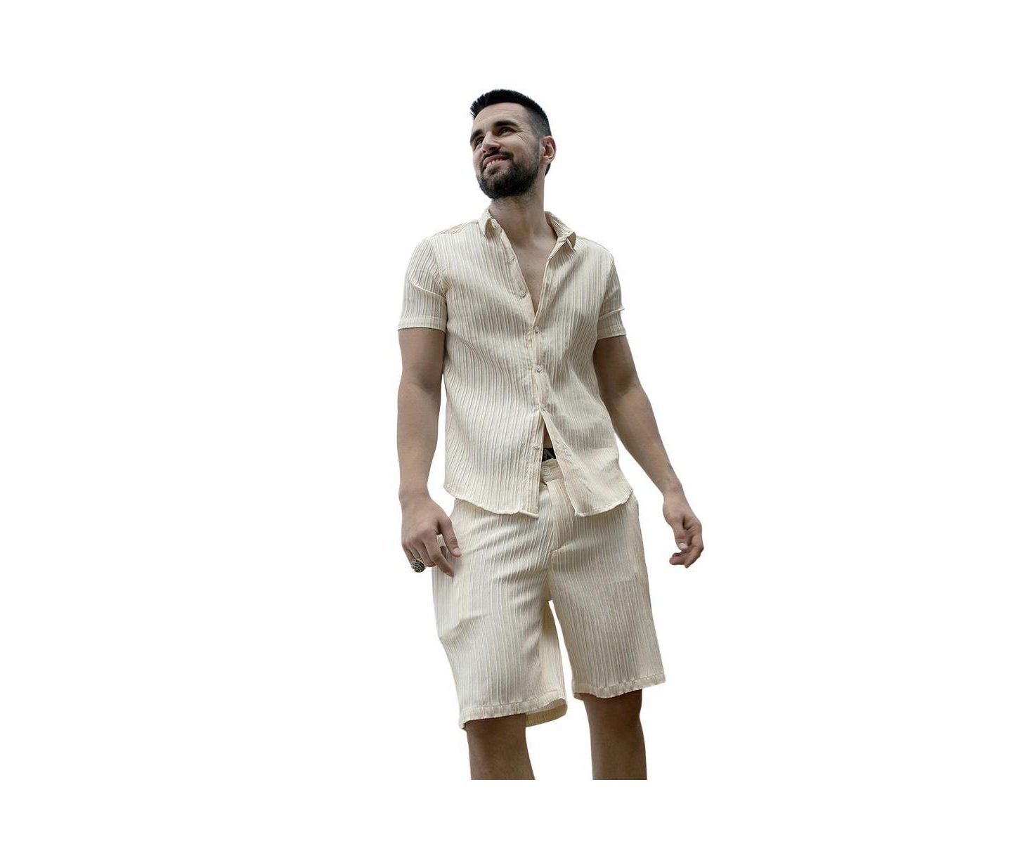 Мужские комплекты Cahoot Campus Sutra Pale Self-Design Striped Co-Ord Set, цвет: Жёлтый — фото 1