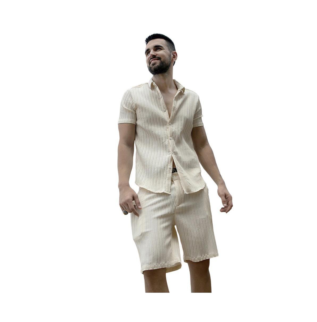 Campus Sutra Men's Pale Yellow Self-Design Striped Co-Ord Set