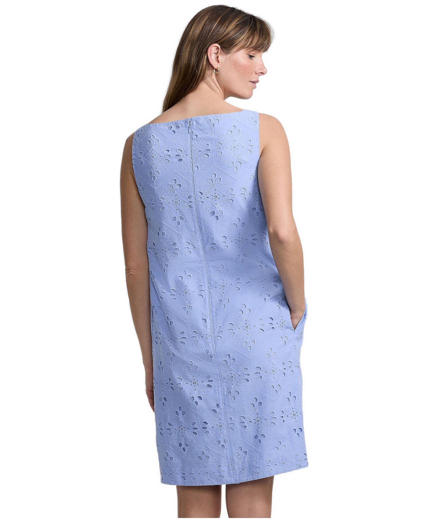 Женское платье Lands' End Sleeveless Eyelet Shift Above the Knee, цвет: Прозрачный синий небесно-голубой — фото 4