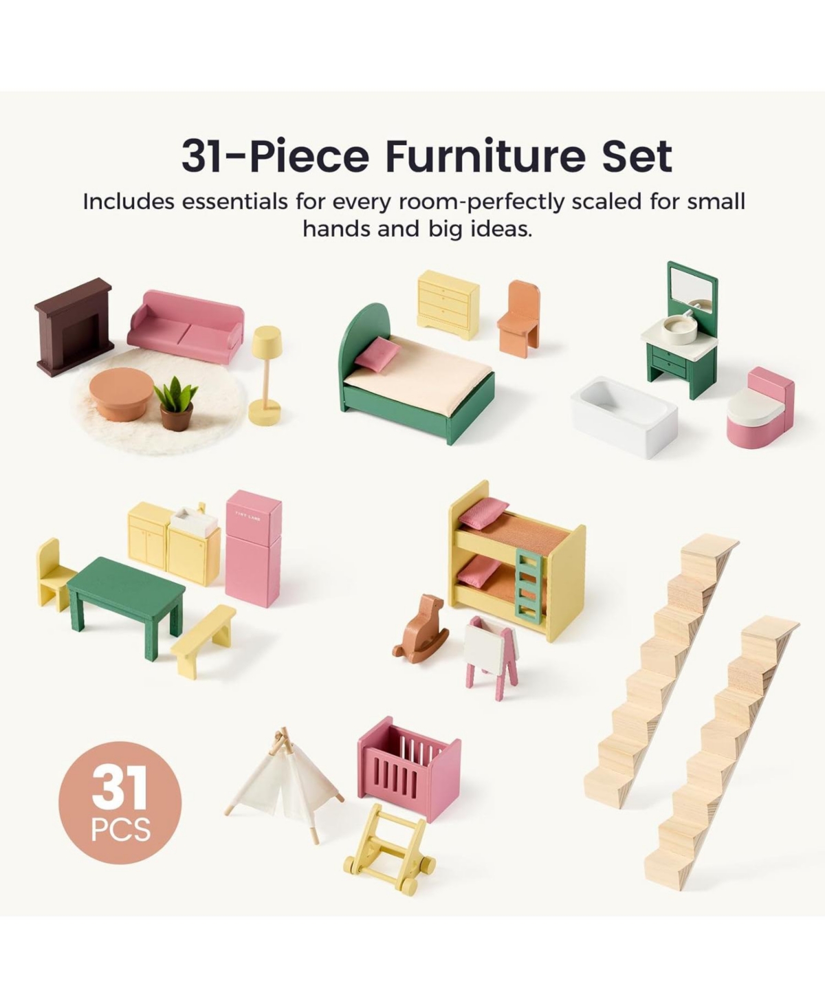 Tiny Land Wooden Dollhouse for Girls - Diy Pretend Play Doll House with 31Pcs Furniture Accessories
