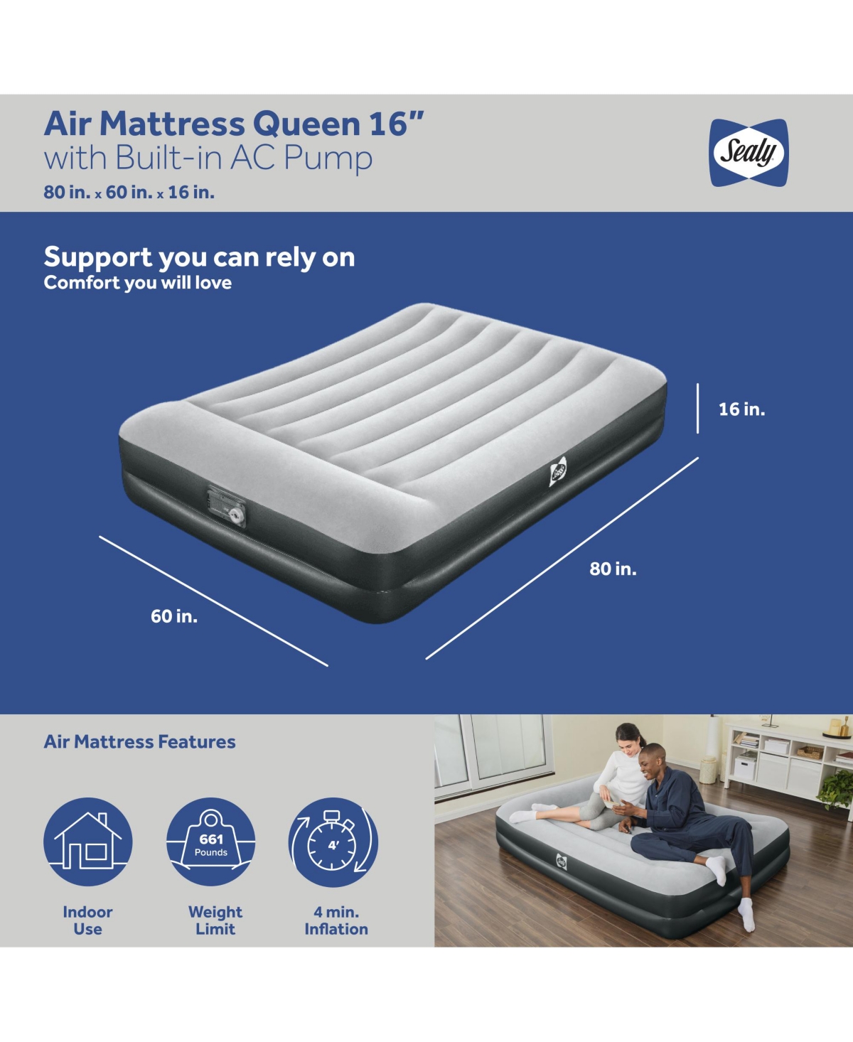 Sealy Baby Tritech Queen Sized 16" Air Mattress Bed 2 Person w/Built-In Ac Pump & Bag
