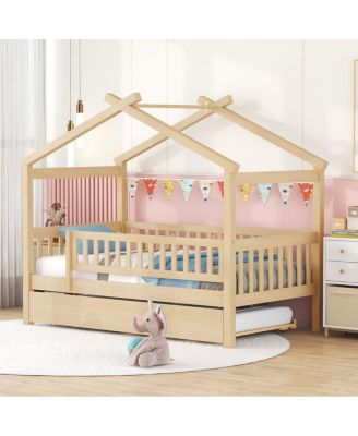 Twin Size Wooden House Bed with Twin Size Trundle