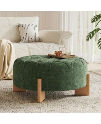 32" Round Tufted Chenille Ottoman with Solid Wood Legs