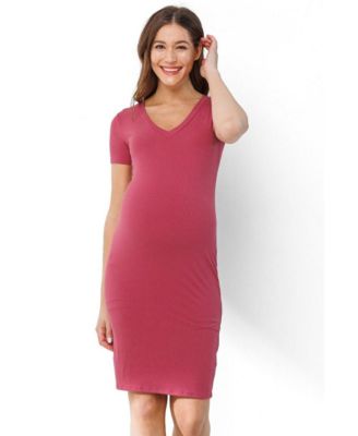 Women's Maternity Ribbed Bodycon Short Sleeve V-Neck Dress