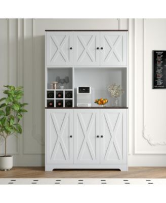 Tall Kitchen Pantry Cabinet with Microwave Stand & Wine Rack, Freestanding Buffet Hutch Coffee Bar for Kitchen/Living Room