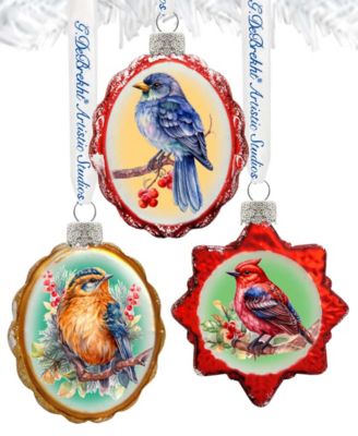Forest Birds Keepsake Mercury Glass Christmas Ornaments Set of 3 G. DeBrekht