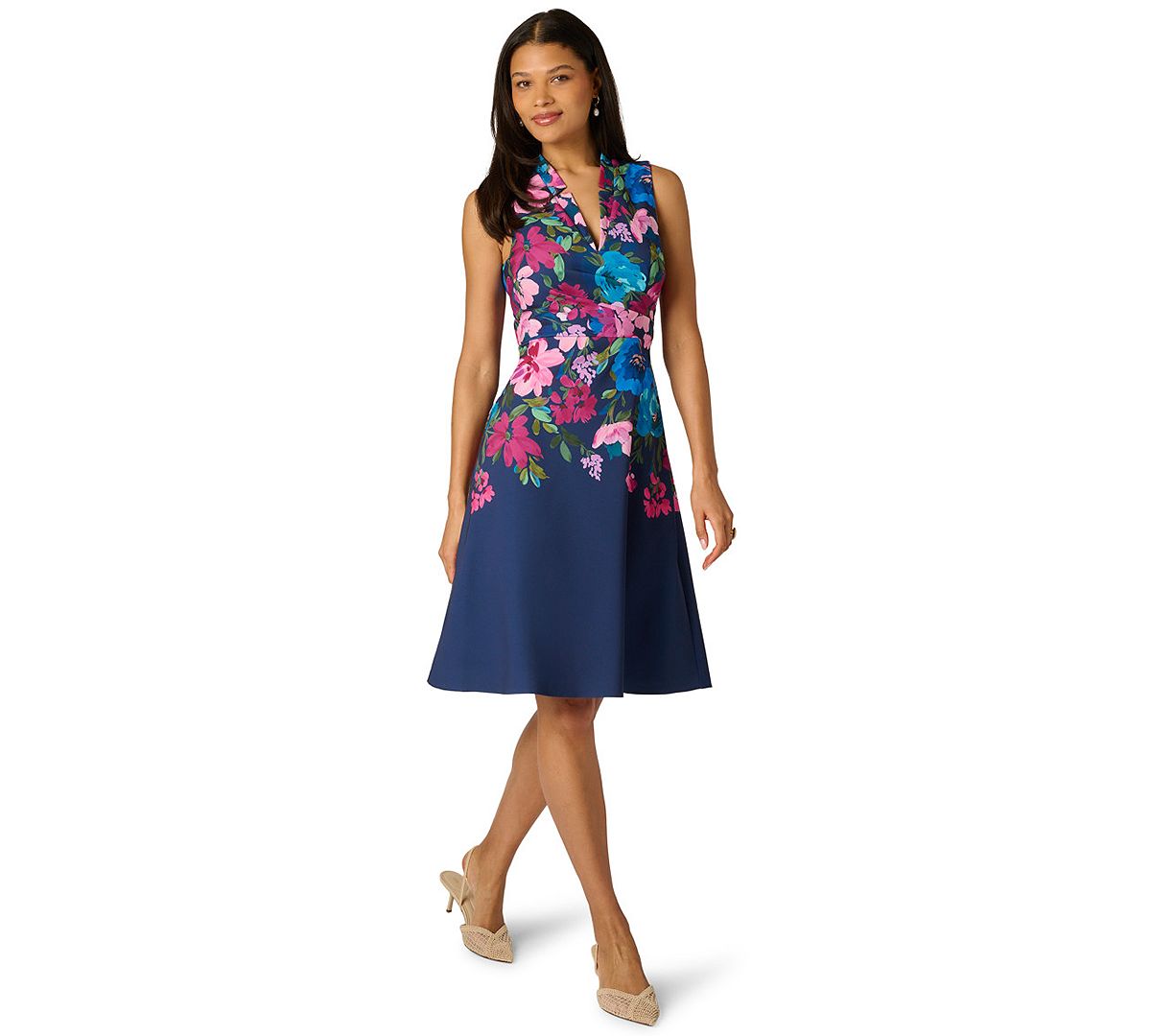 Adrianna Papell Women's Border Floral Collar Midi Dress view 2 — MAYCSS fashion products