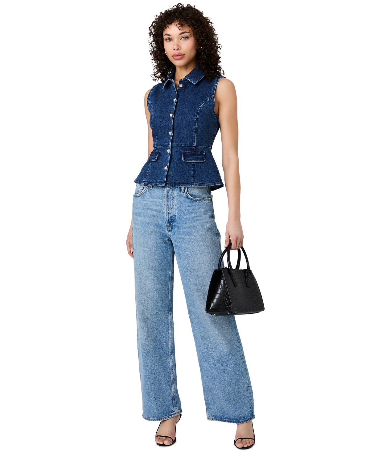 French Connection Women's Delancey Denim Button Peplum Top