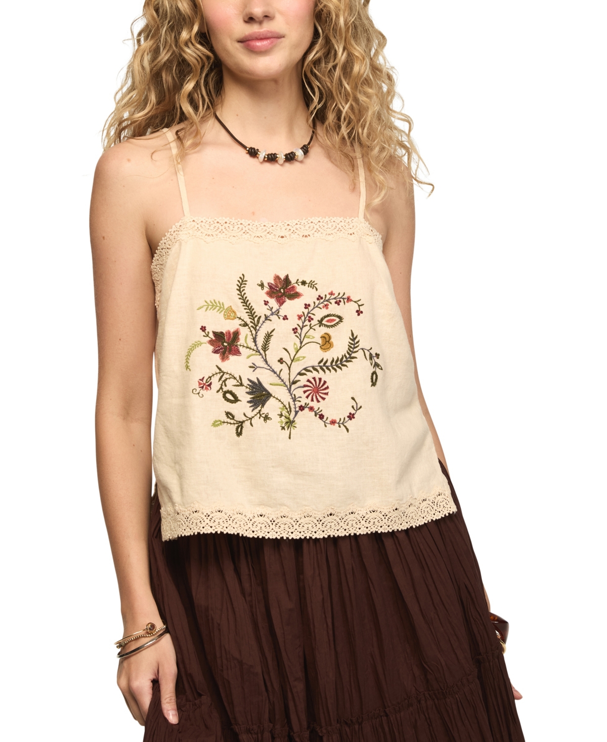 Lucky Brand Women's Floral Contrast Embroidered Square Neck Tank Top