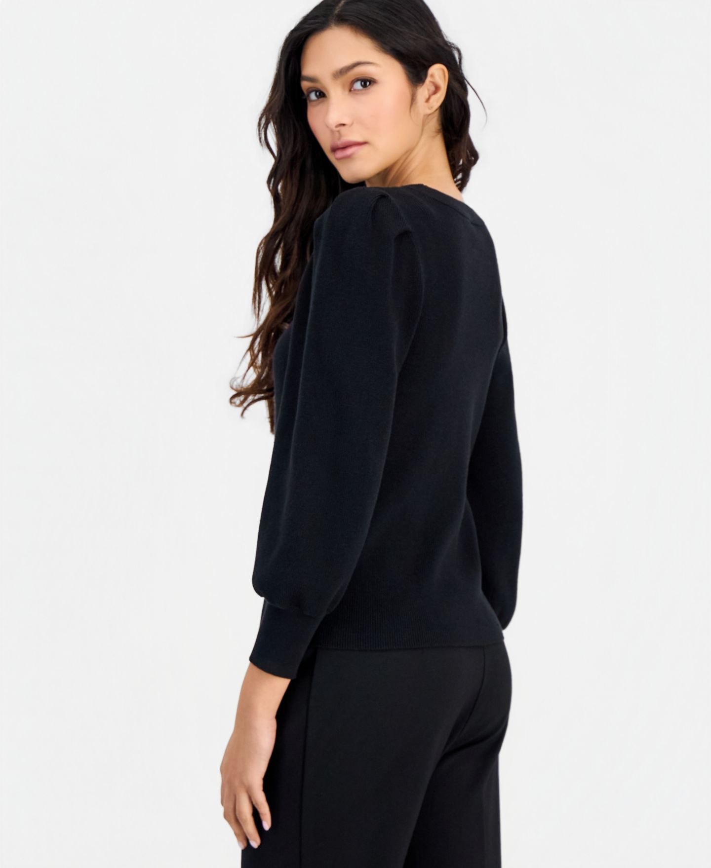 Женский свитер Anne Klein Essentials Petite Puff-Sleeve Crewneck, цвет: Чёрный — фото 2